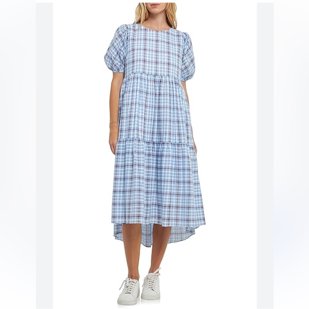English Factory Blue Plaid Cotton Maxi Midi Dress Tie Back Small